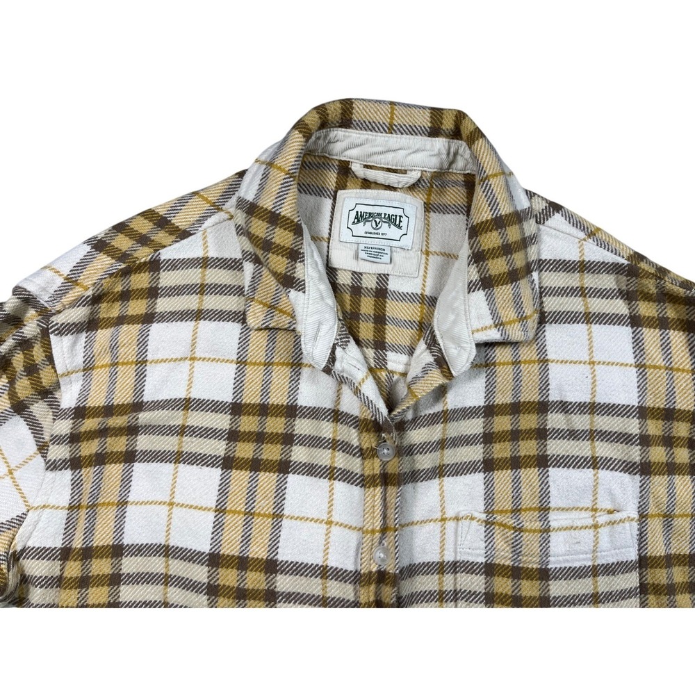 American Eagle Plaid Flannel Shacket XS Button Front Shirt Jacket Cream Brown - Picture 3 of 3
